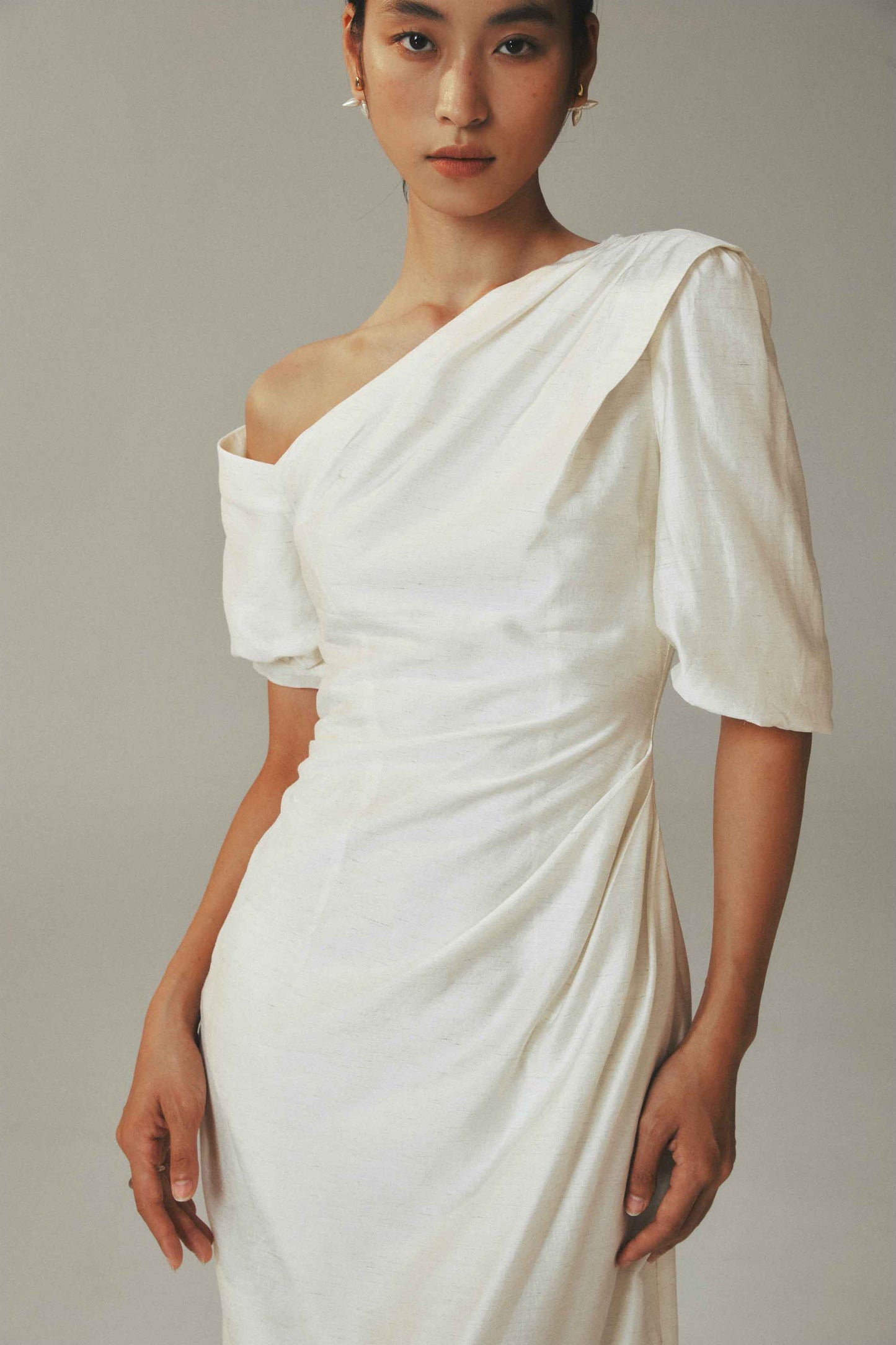 Linen Cotton Maxi Dress with Irregular Diagonal Pleats in Beige