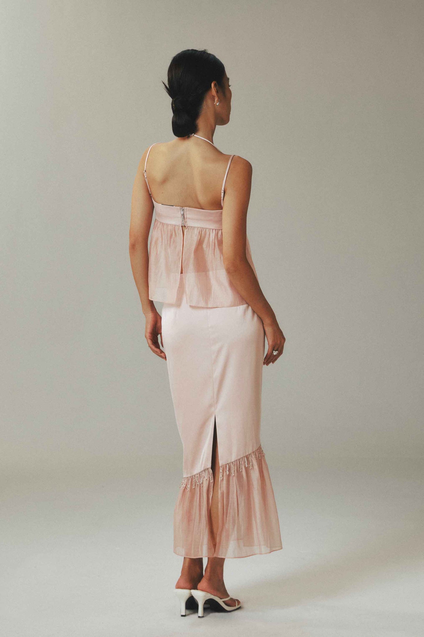 Beaded Teardrop Pink Satin Tencel Fishtail Skirt