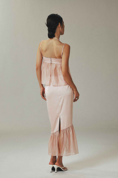 Beaded Teardrop Pink Satin Tencel Fishtail Skirt