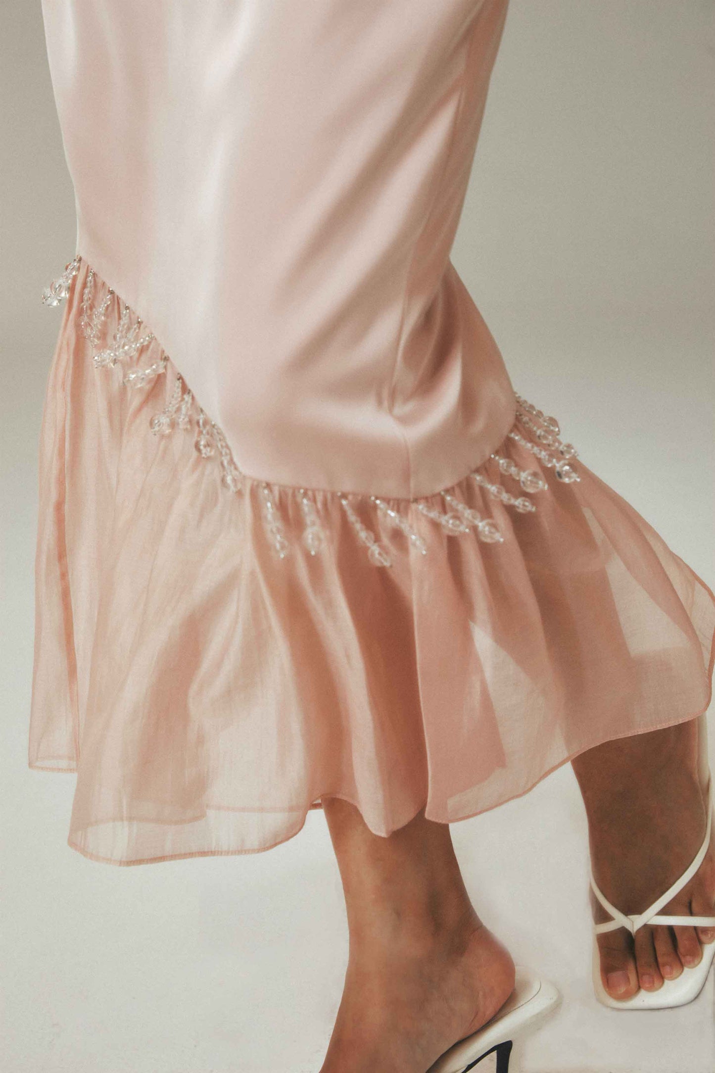 Beaded Teardrop Pink Satin Tencel Fishtail Skirt