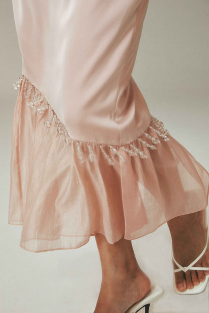 Beaded Teardrop Pink Satin Tencel Fishtail Skirt