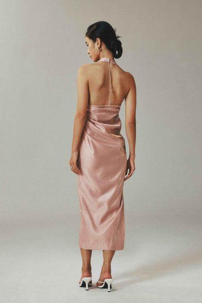 Pleated Button Pink Satin Beaded Backless Cocktail Dress