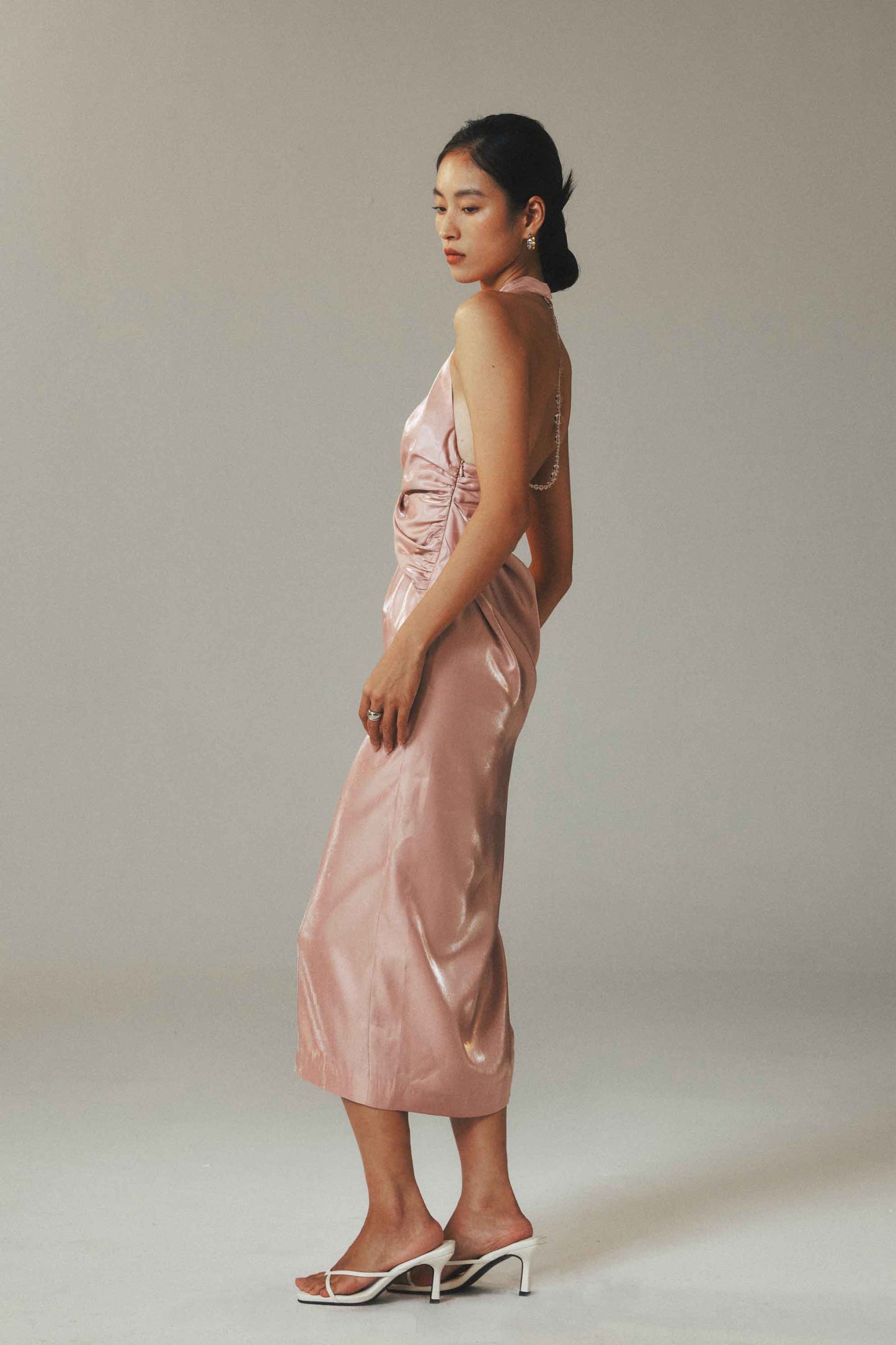 Pleated Button Pink Satin Beaded Backless Cocktail Dress