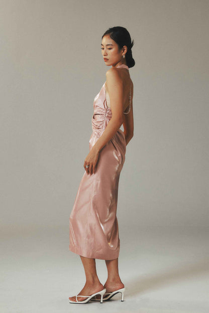 Pleated Button Pink Satin Beaded Backless Cocktail Dress