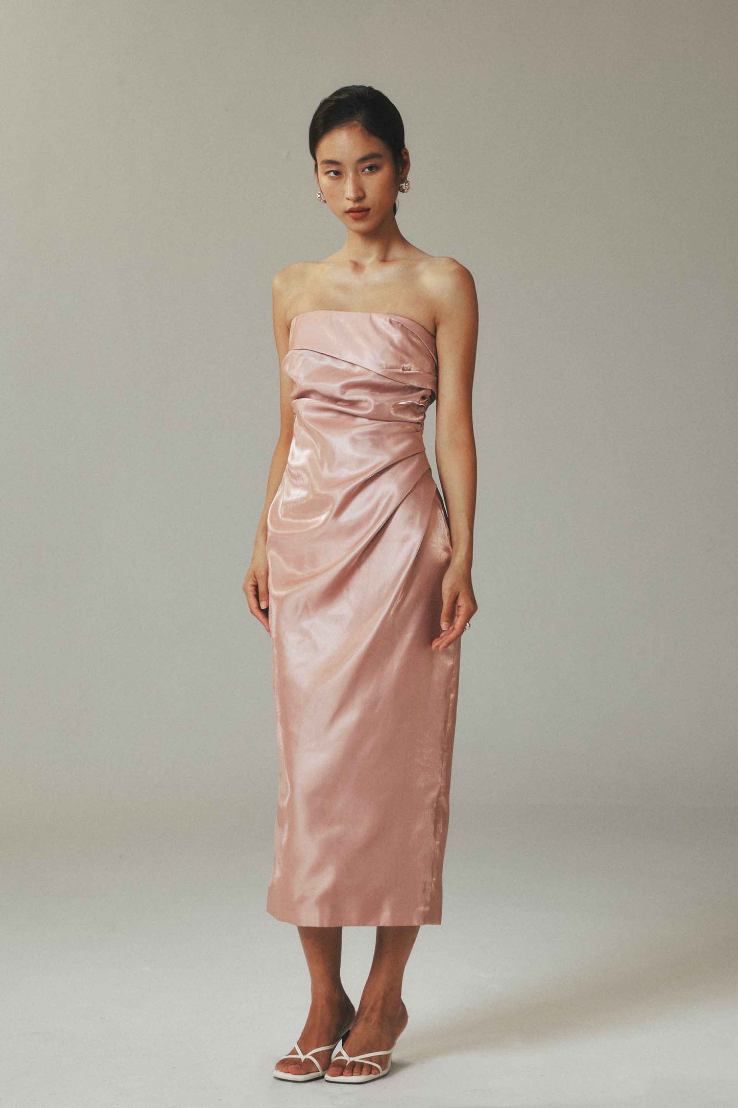 Elegant Pink Satin Strapless Sheath Dress with Pile Pleats