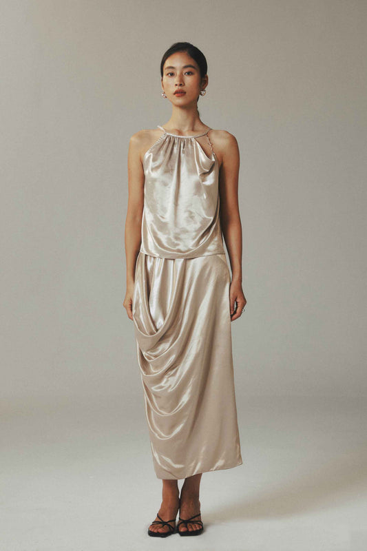 Champagne Ice Silk Halter Top with Crystal Beads