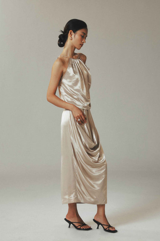 Champagne Ice Silk Maxi Skirt with Cowl Draping