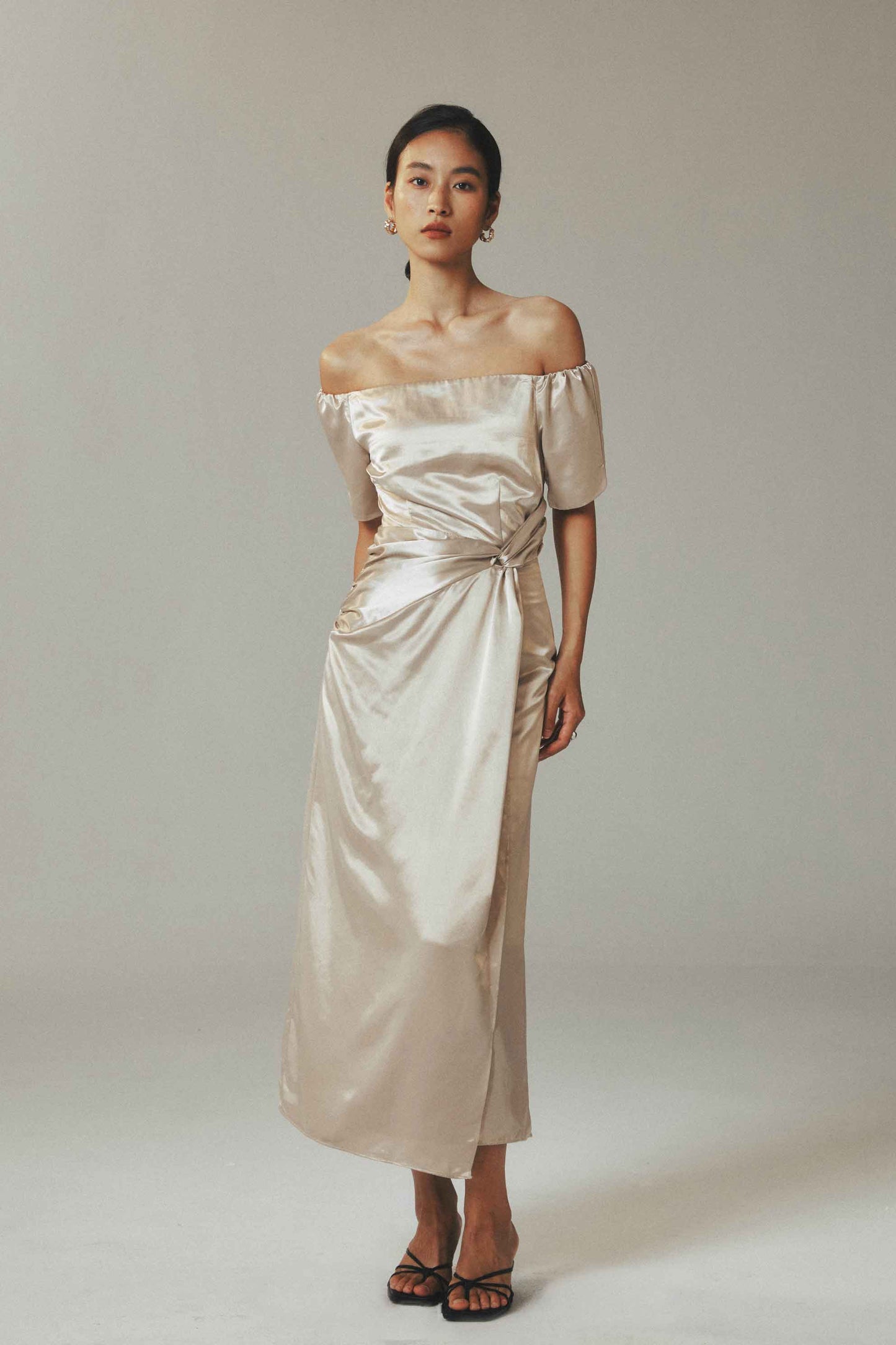 Champagne Off the Shoulder Ice-Silk Pleated Maxi Dress