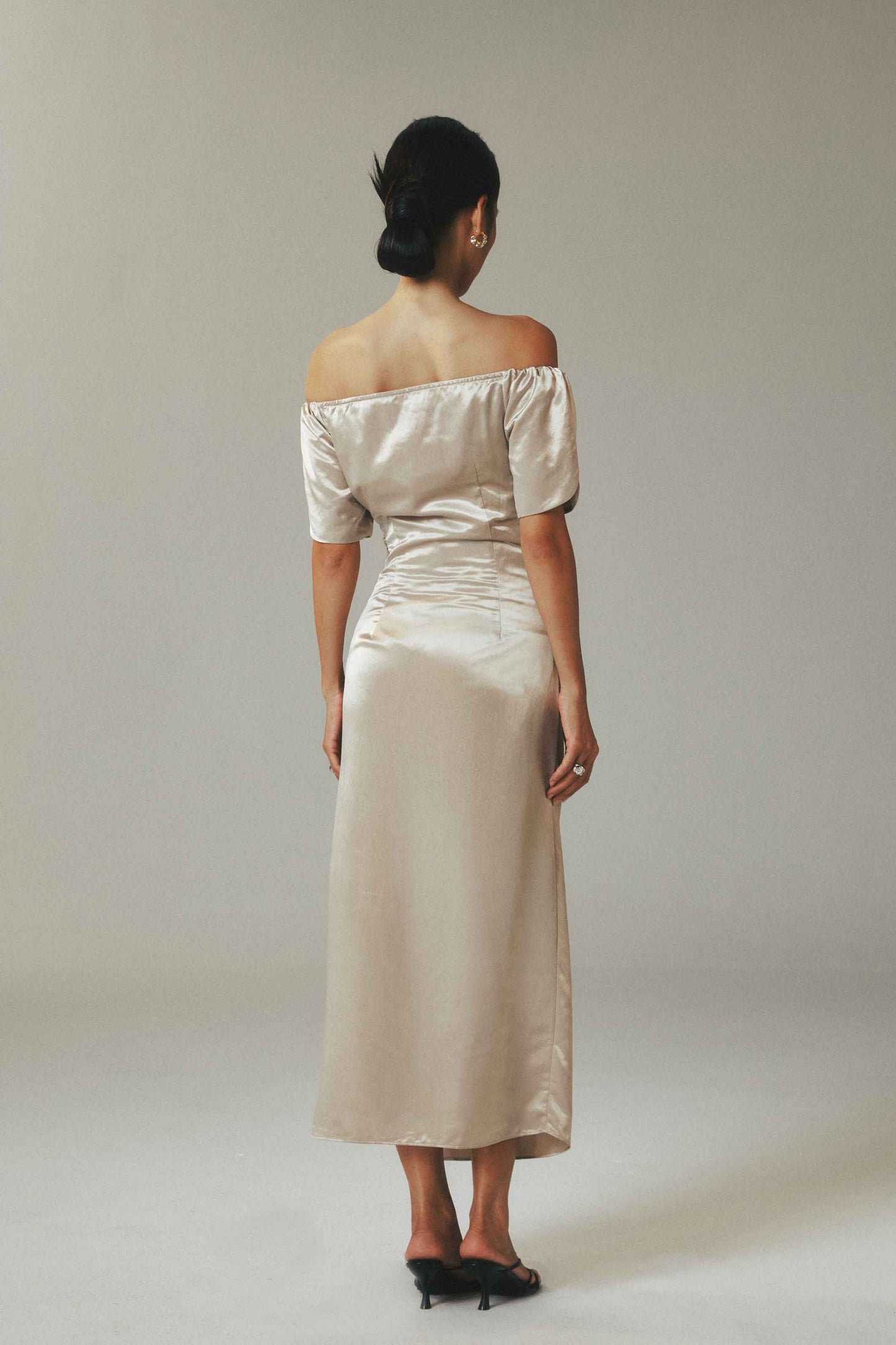 Champagne Off the Shoulder Ice-Silk Pleated Maxi Dress