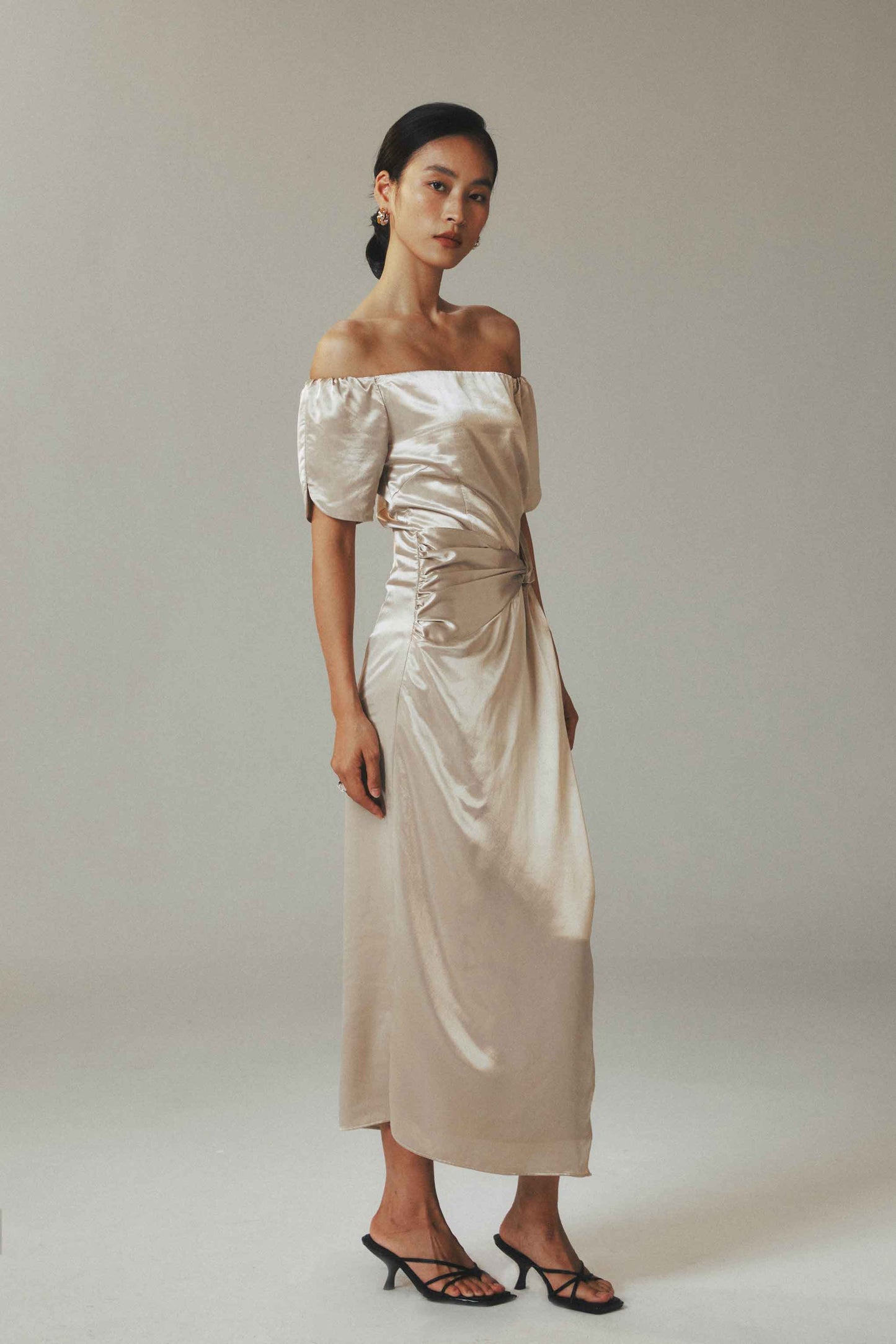 Champagne Off the Shoulder Ice-Silk Pleated Maxi Dress