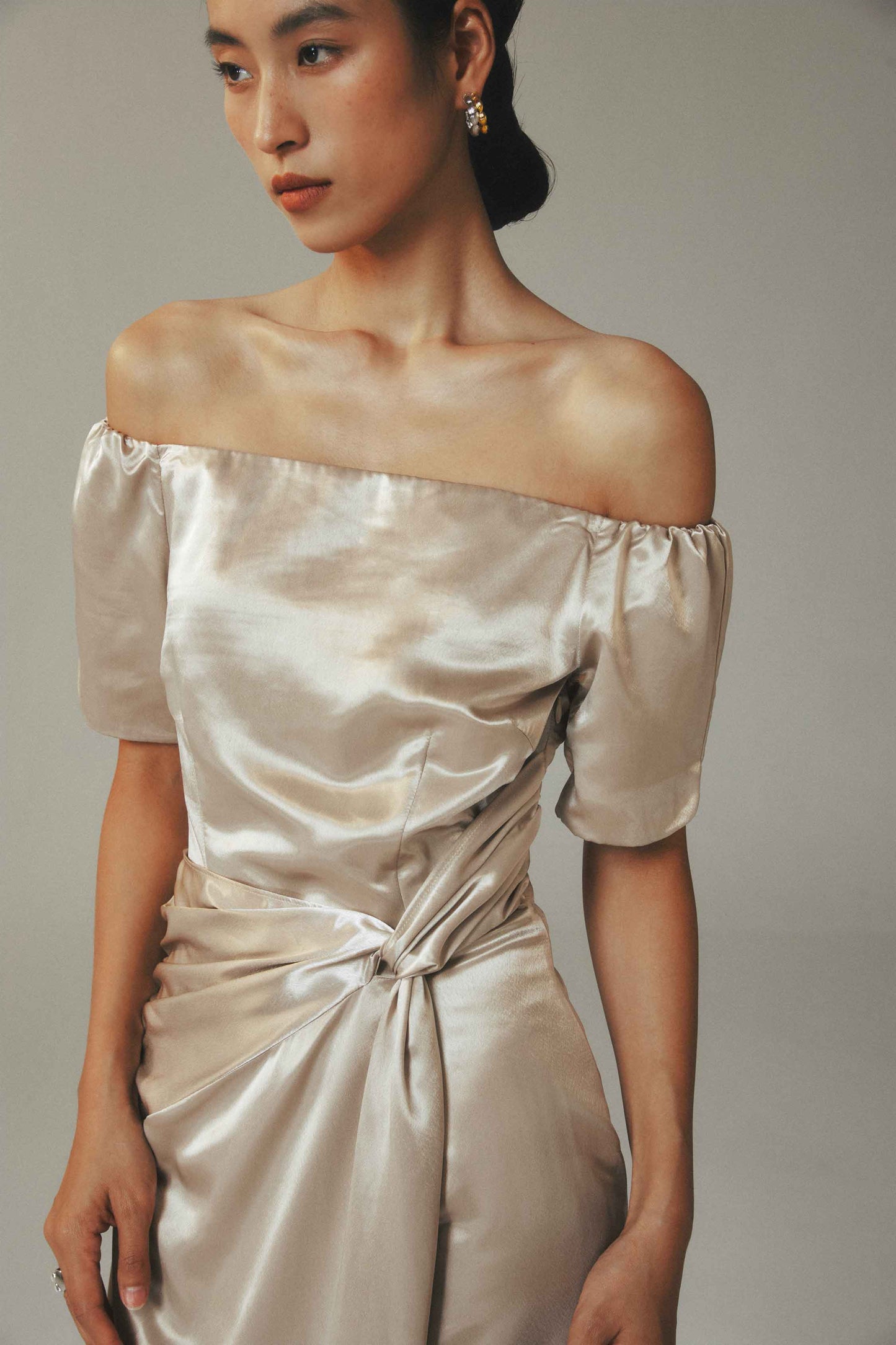 Champagne Off the Shoulder Ice-Silk Pleated Maxi Dress