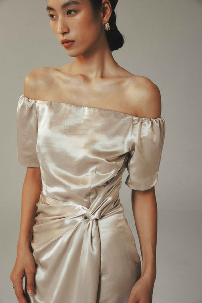 Champagne Off the Shoulder Ice-Silk Pleated Maxi Dress