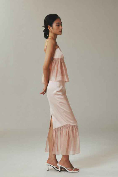 Beaded Teardrop Pink Satin Tencel Fishtail Skirt