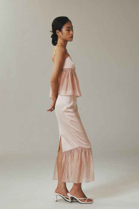 Beaded Teardrop Pink Satin Tencel Fishtail Skirt