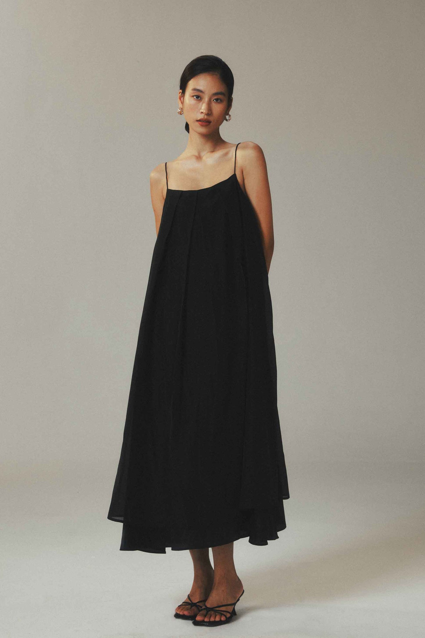 Black Tencel Tulle Spaghetti Strap Overlay Maxi Dress