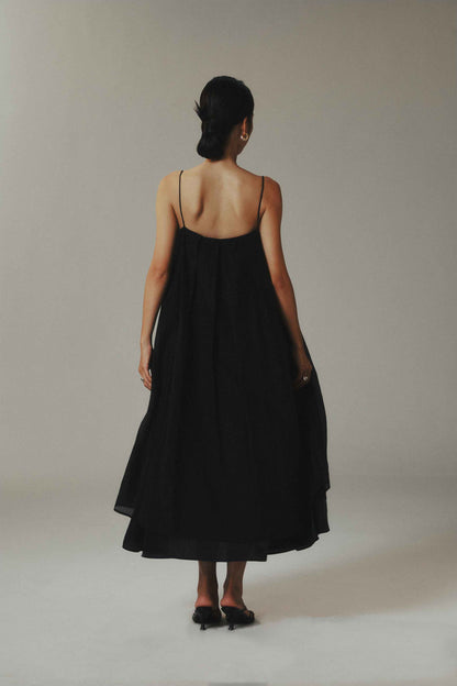 Black Tencel Tulle Spaghetti Strap Overlay Maxi Dress
