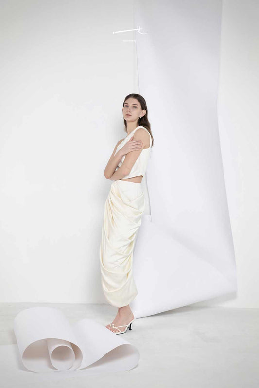Beige Linen-Cotton Gathered Midi Skirt