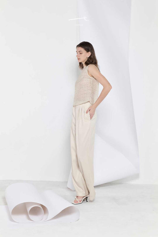 Beige Creased Wide-Leg Suit Trousers