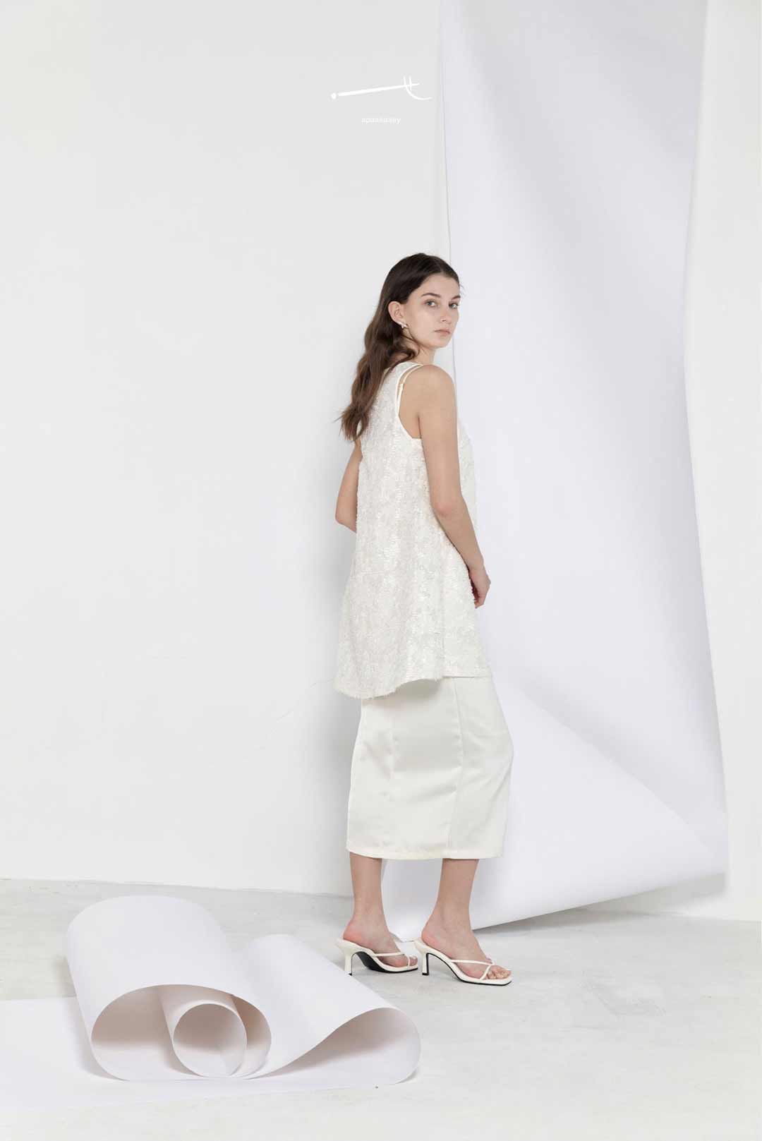 Beige Sequin Jacquard A-Line Skirt Top