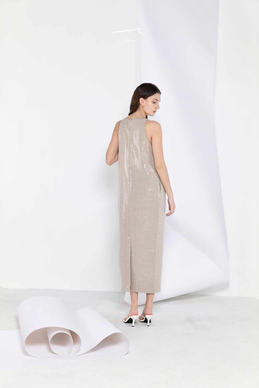 Beige Cocoon-Shape Sequin Slit Maxi Dress