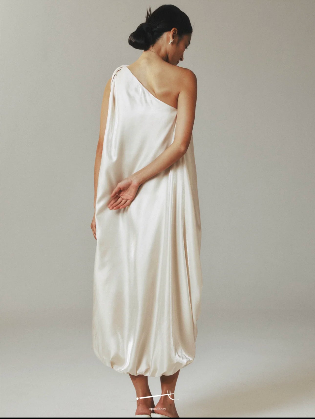 One-Shoulder Gold Satin Teardrop Maxi Dress
