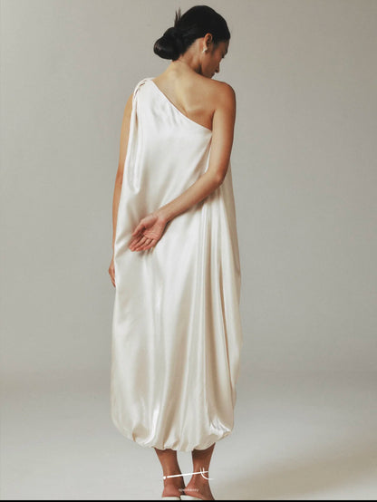 One-Shoulder Gold Satin Teardrop Maxi Dress