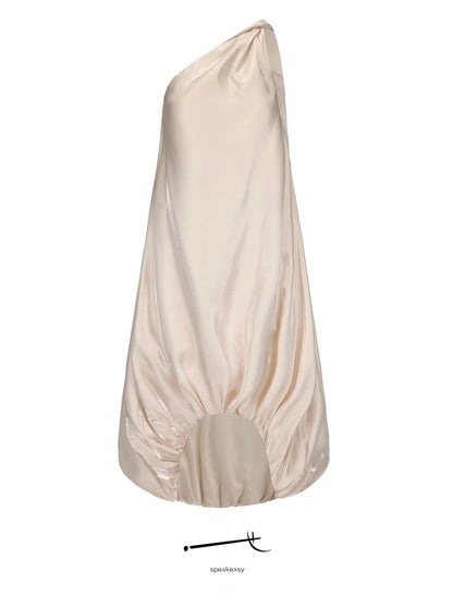 One-Shoulder Gold Satin Teardrop Maxi Dress
