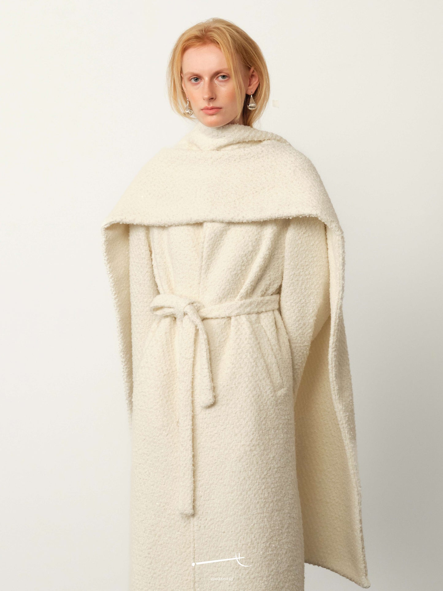 Minimal Snow-Tweed Collarless Relaxed Coat