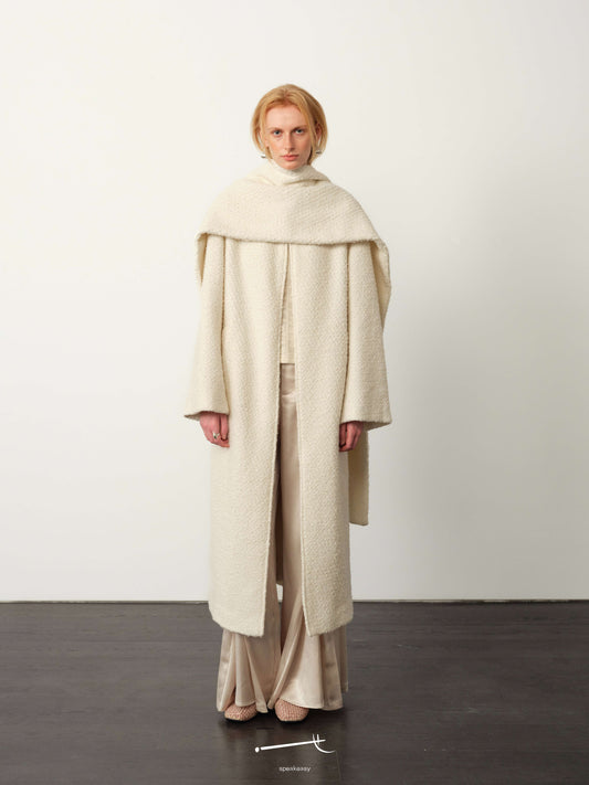 Minimal Snow-Tweed Collarless Relaxed Coat