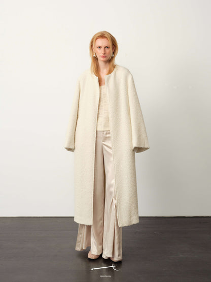 Minimal Snow-Tweed Collarless Relaxed Coat