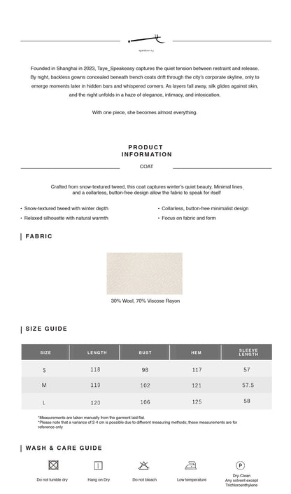 Minimal Snow-Tweed Collarless Relaxed Coat