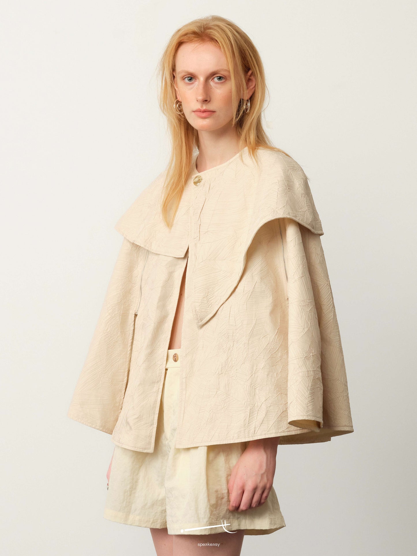 Beige/Apricot Textured Lined Cape Jacket