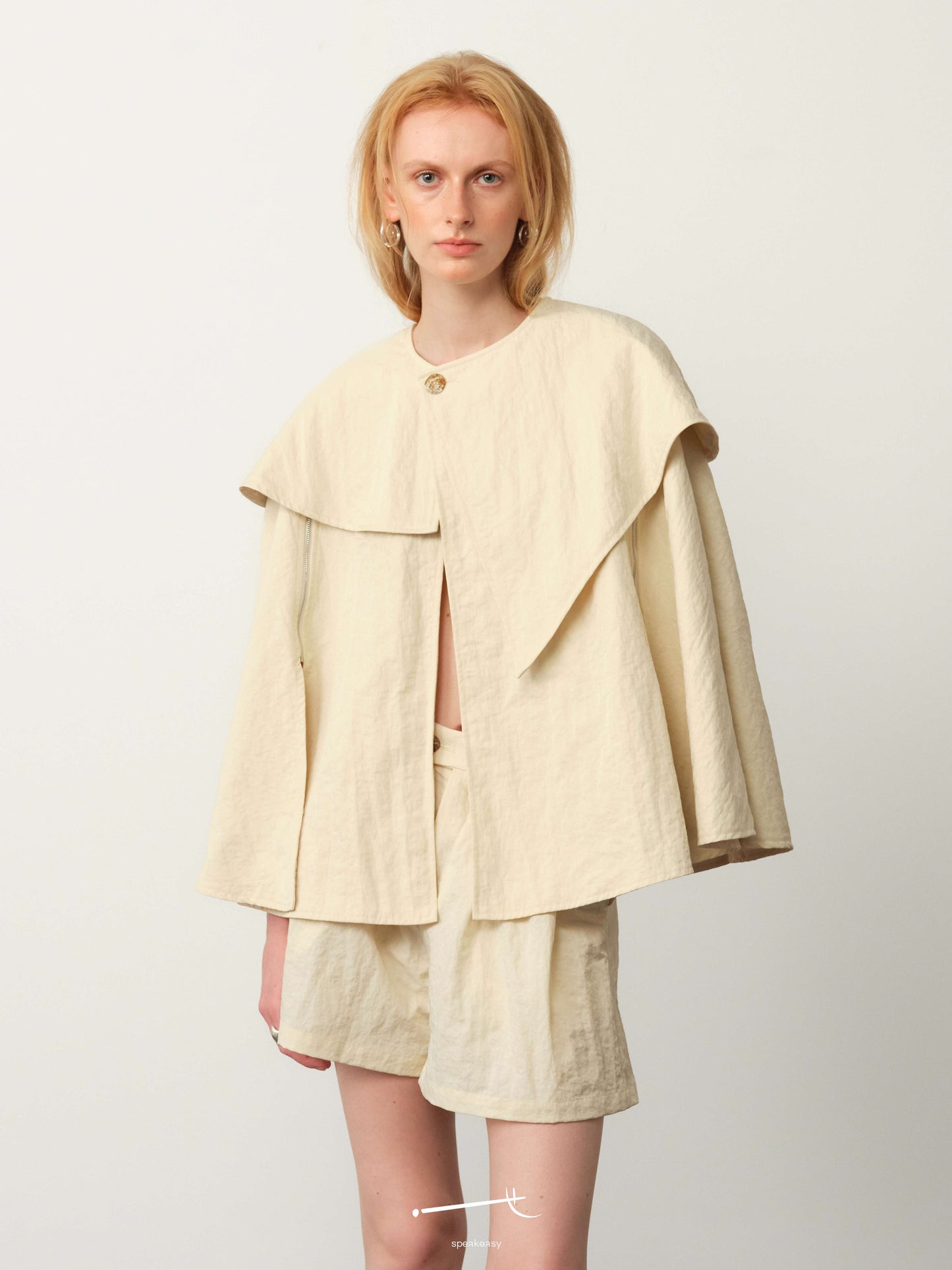 Beige/Apricot Textured Lined Cape Jacket