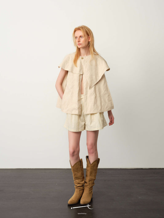 Beige/Apricot Textured Lined Cape Jacket