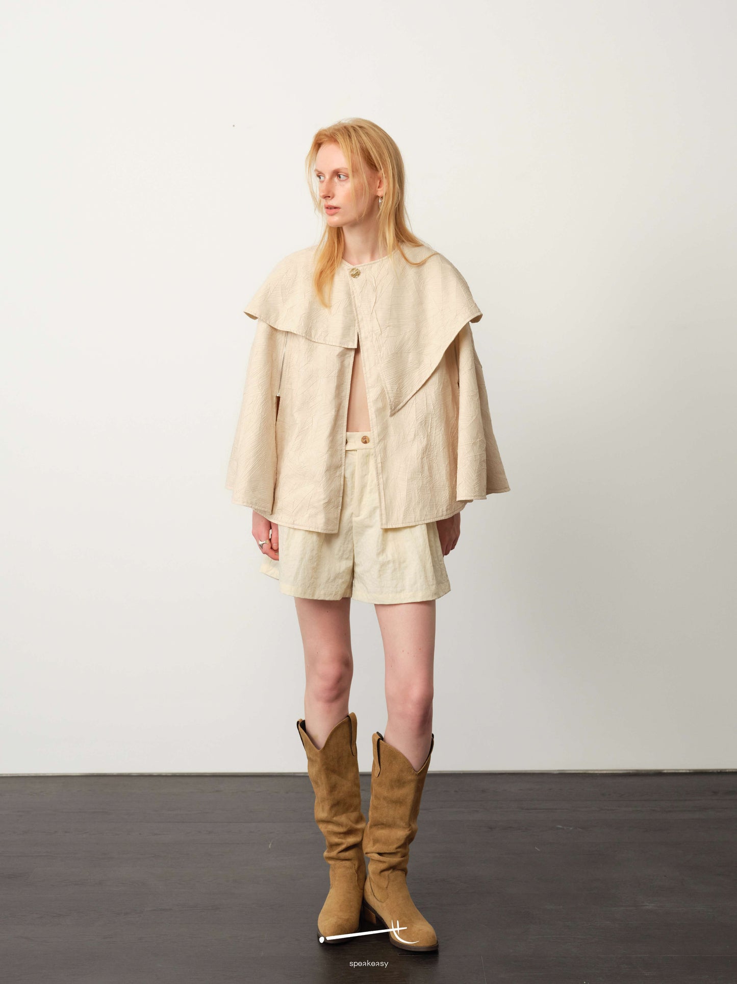 Beige/Apricot Textured Lined Cape Jacket