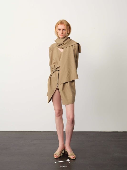Khaki Scarf-Collar Tie-Sleeve Jacket