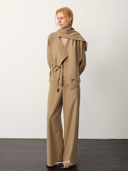 Khaki Scarf-Collar Tie-Sleeve Jacket