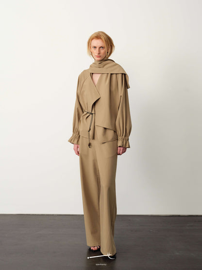 Khaki Scarf-Collar Tie-Sleeve Jacket