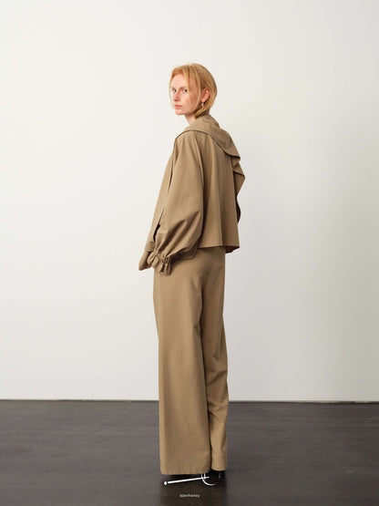 Khaki Scarf-Collar Tie-Sleeve Jacket