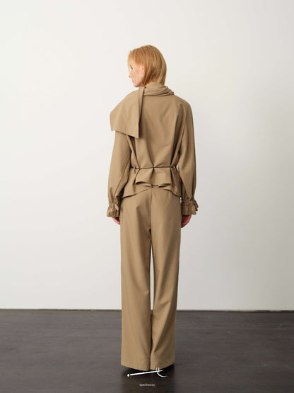 Khaki Scarf-Collar Tie-Sleeve Jacket