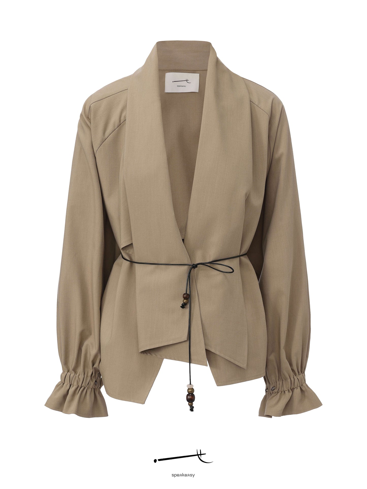 Khaki Scarf-Collar Tie-Sleeve Jacket