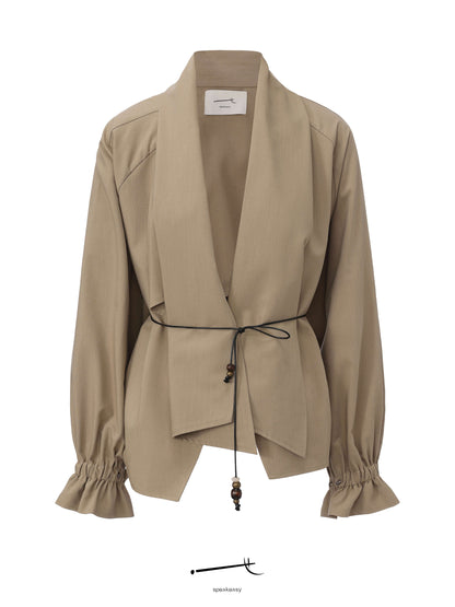 Khaki Scarf-Collar Tie-Sleeve Jacket