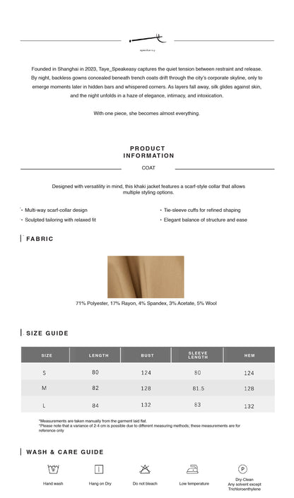 Khaki Scarf-Collar Tie-Sleeve Jacket