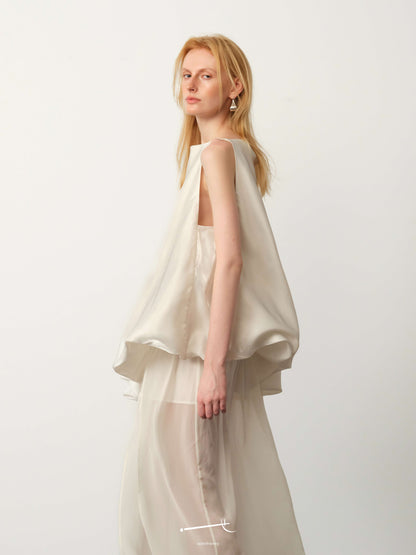 White-Satin Sheer Chiffon Bubble-Hem Maxi Dress