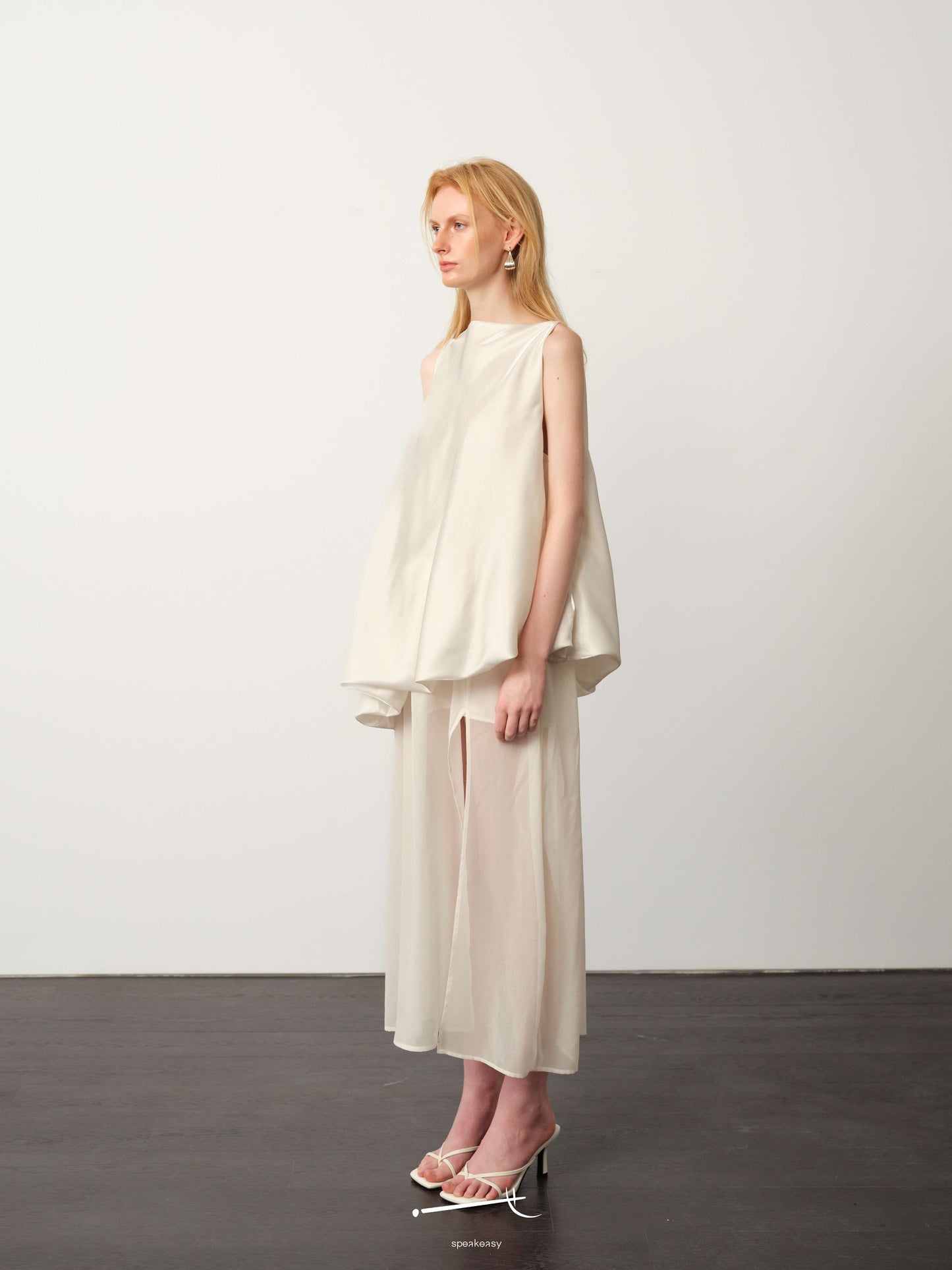 White-Satin Sheer Chiffon Bubble-Hem Maxi Dress