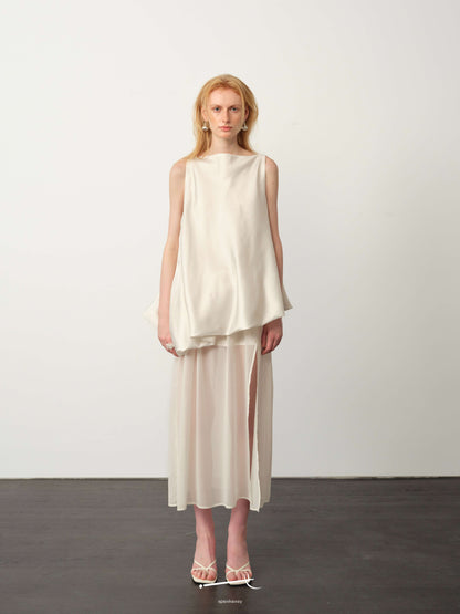 White-Satin Sheer Chiffon Bubble-Hem Maxi Dress