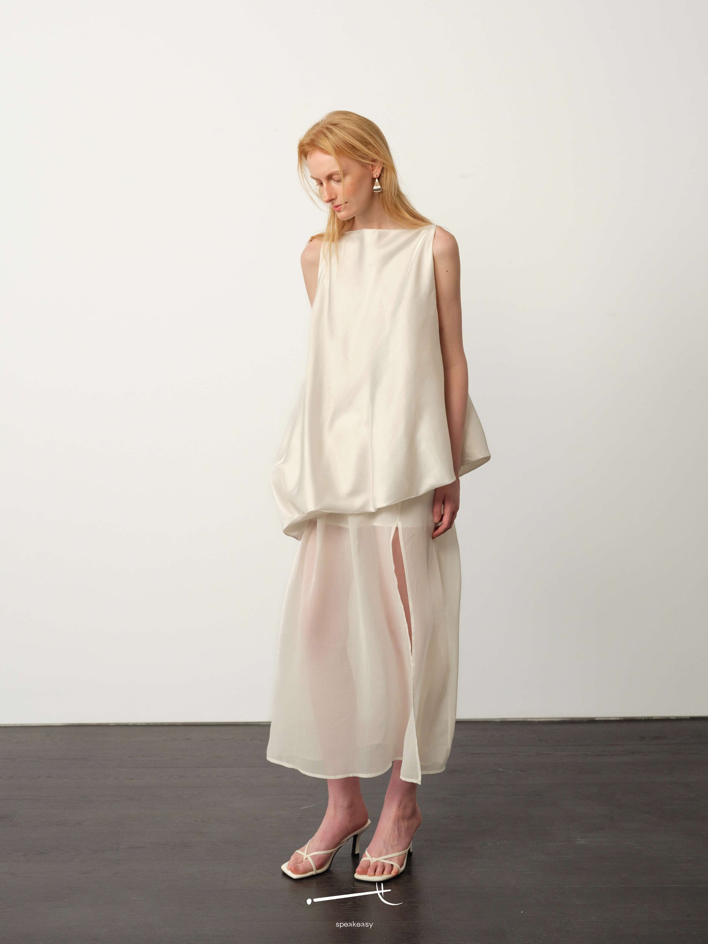 White-Satin Sheer Chiffon Bubble-Hem Maxi Dress