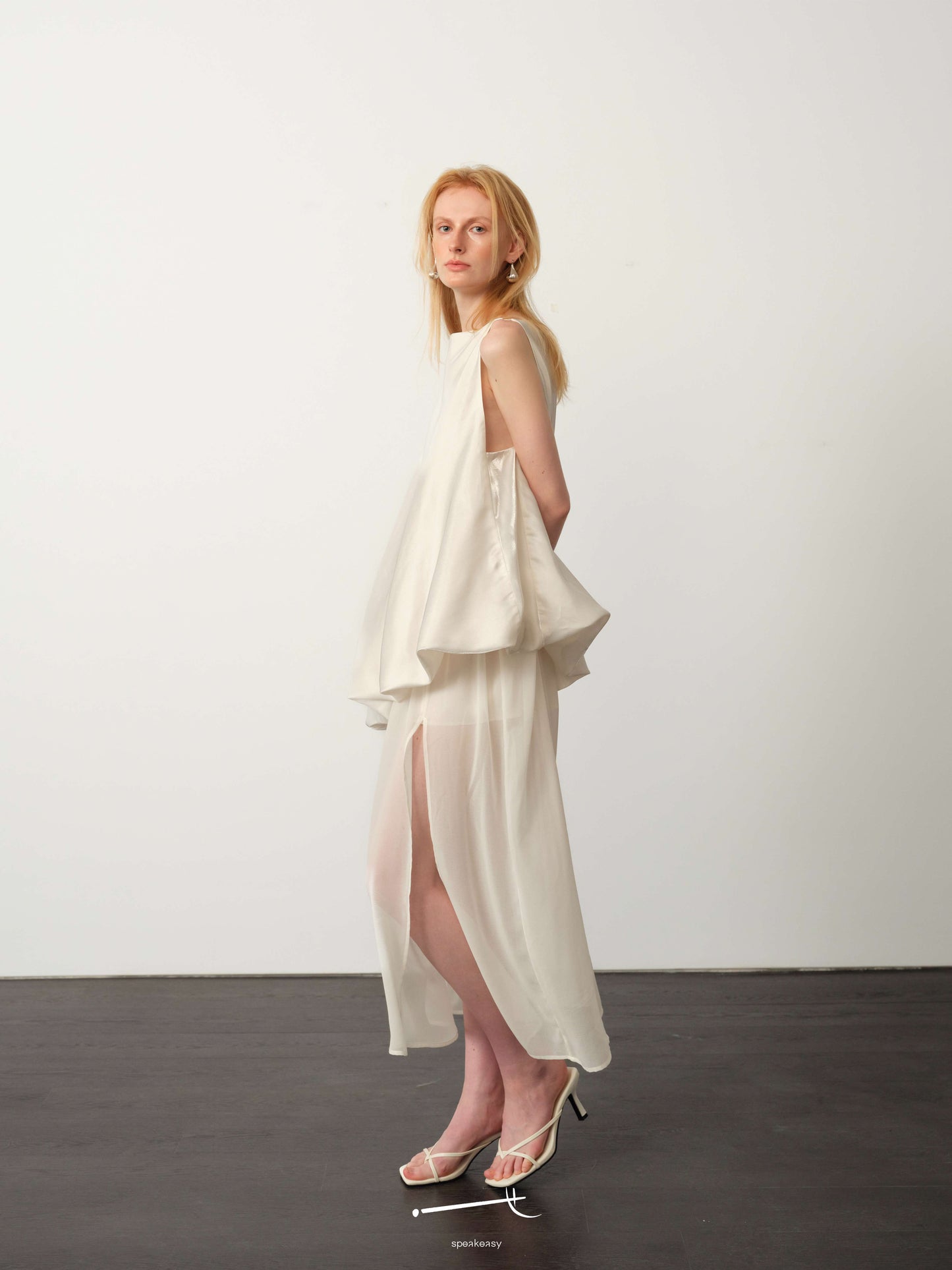 White-Satin Sheer Chiffon Bubble-Hem Maxi Dress