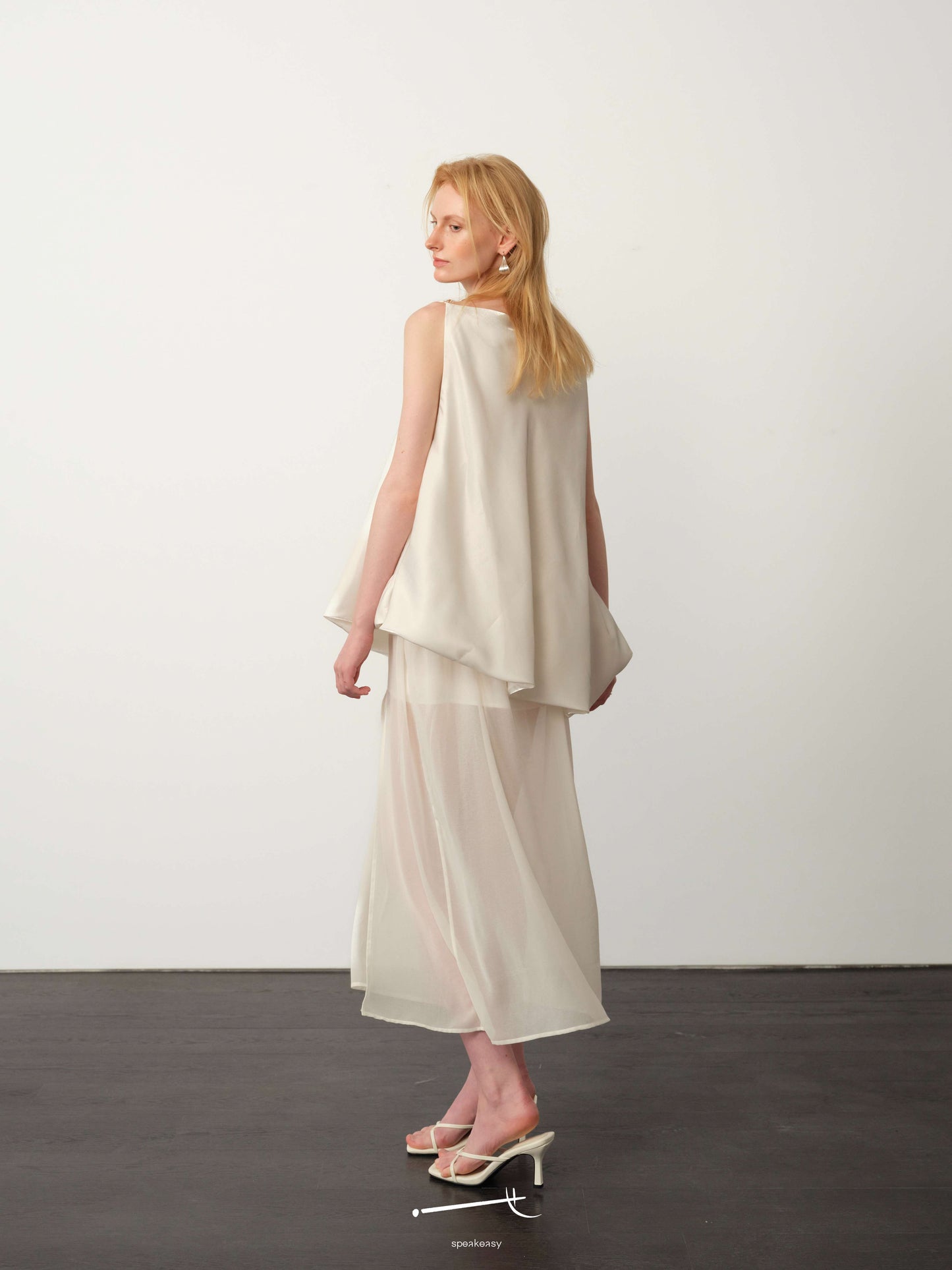 White-Satin Sheer Chiffon Bubble-Hem Maxi Dress