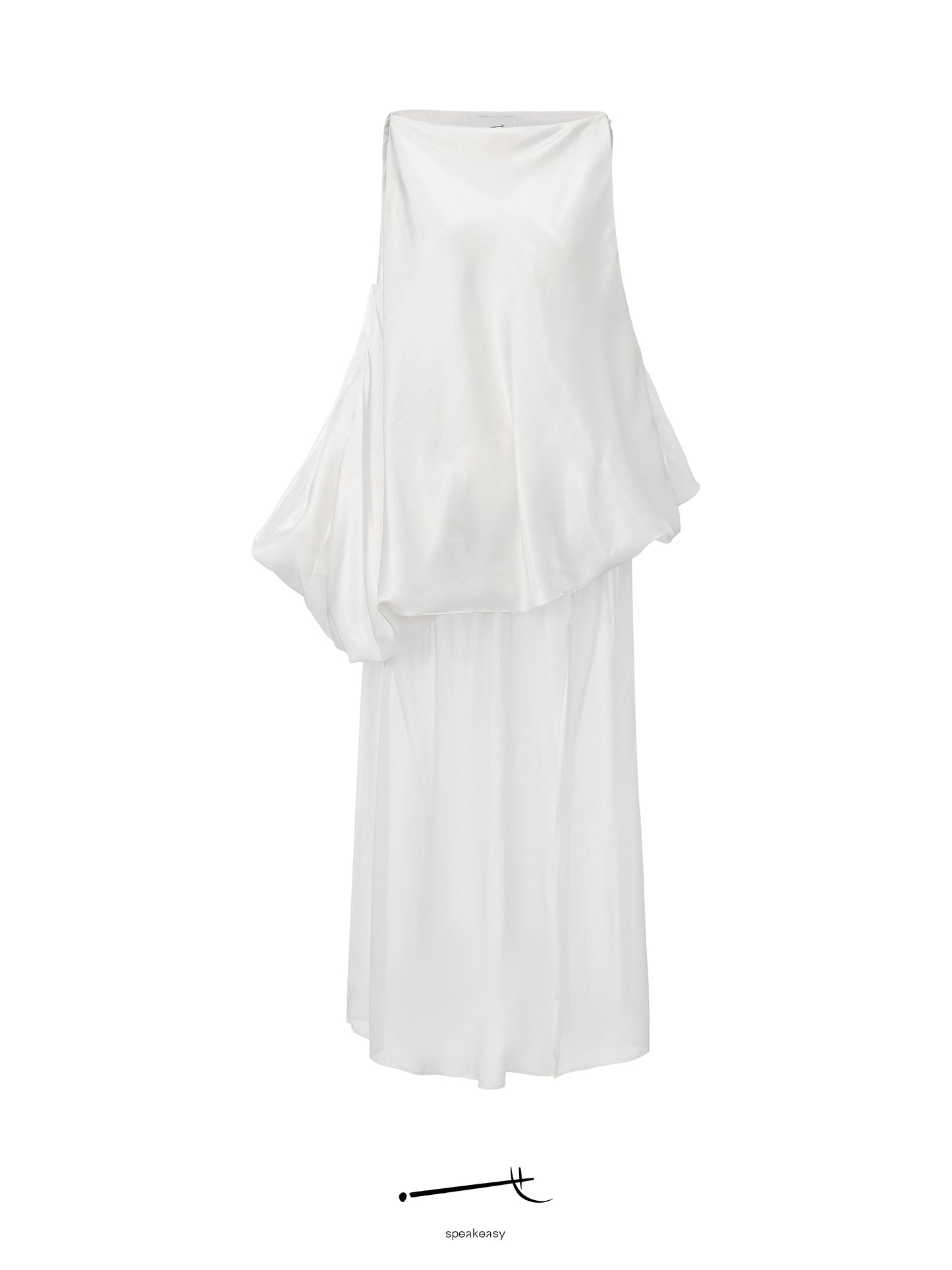 White-Satin Sheer Chiffon Bubble-Hem Maxi Dress